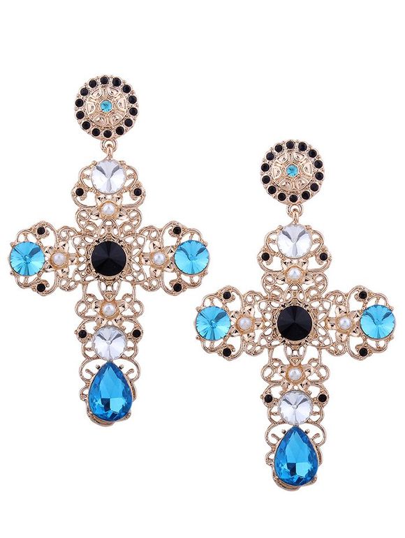 Boucles d'Oreilles Pendantes Clous Ornées de Croix en Strass - Bleu 