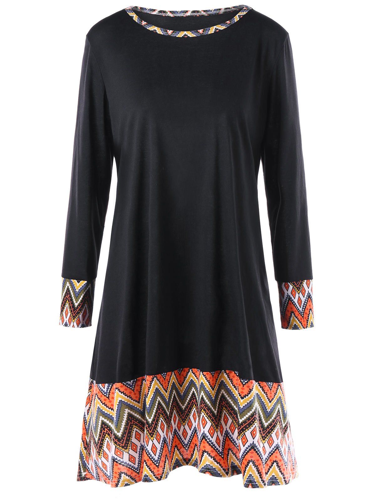 

Bohemian Plus Size Chevron Print Panel Dress, Black