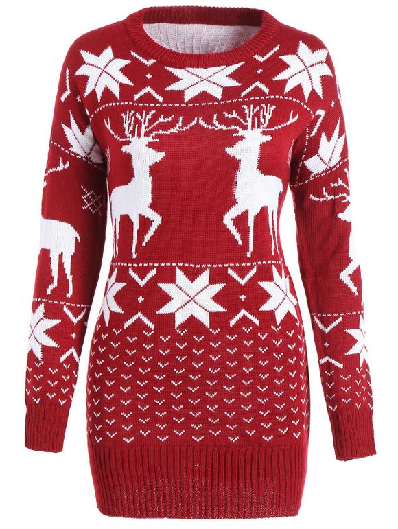Maple Leaf Deer Tunic Christmas Sweater - WINE RED ONE SIZE