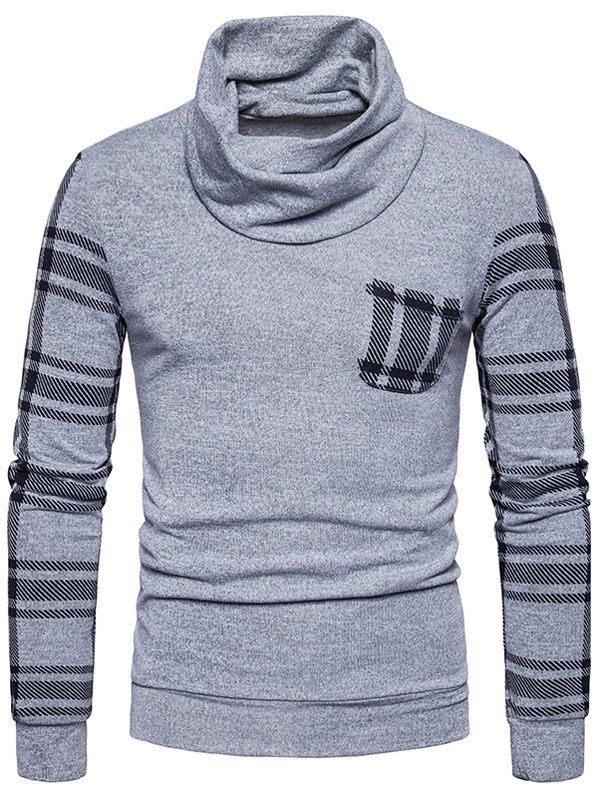 

Cowl Neck Tartan Print Knit Pocket Sweater, Light gray