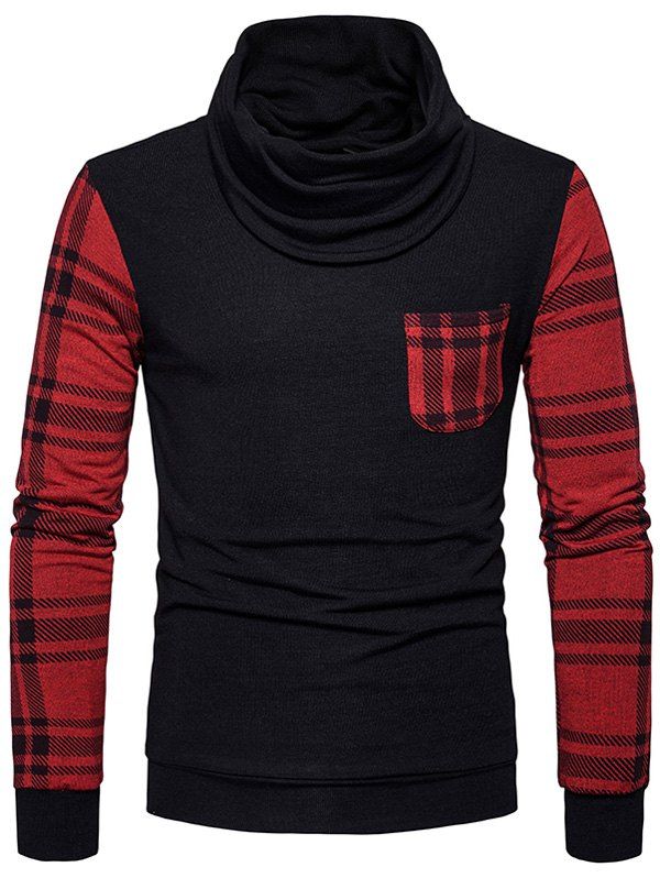 

Cowl Neck Tartan Print Knit Pocket Sweater, Black