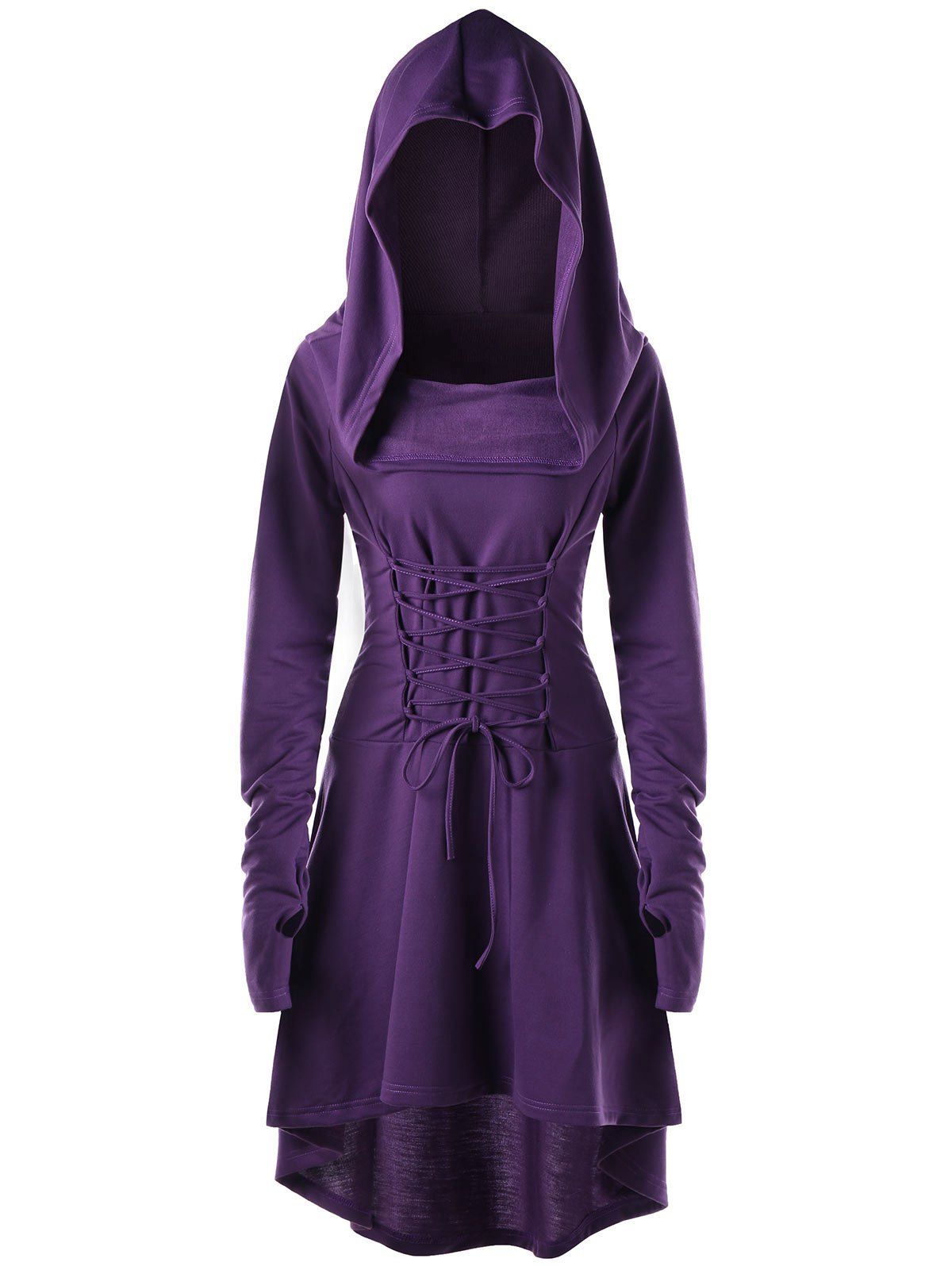 

Lace Up Hooded High Low Dress, Purple