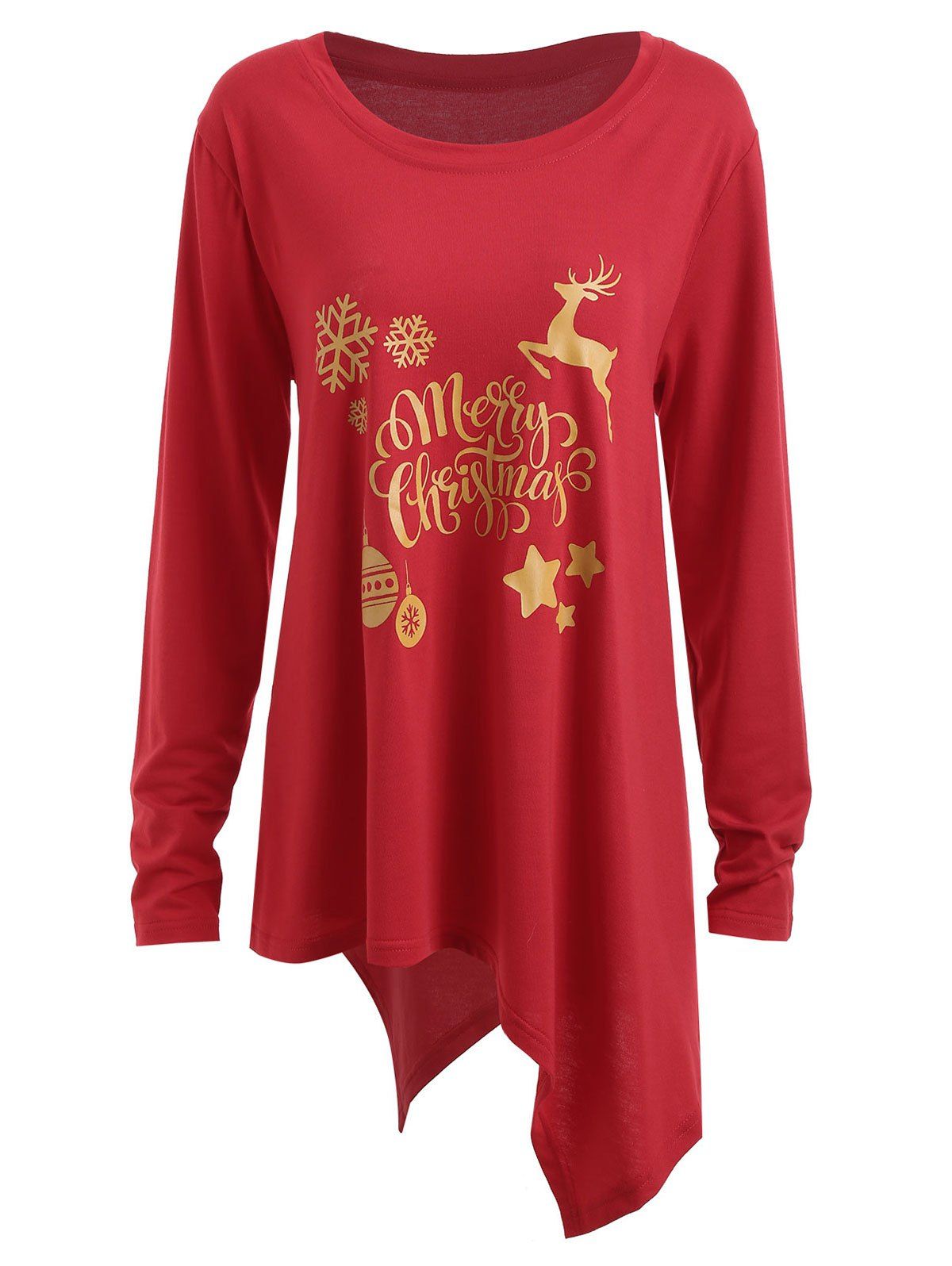 

Plus Size Christmas Deer Bell Graphic Asymmetric T-shirt, Red