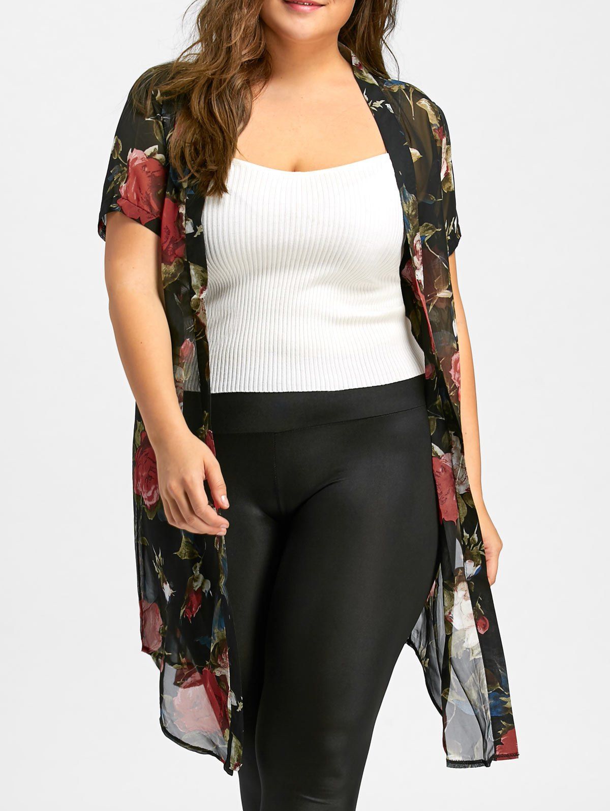 

Plus Size Long Floral Collarless Chiffon Kimono