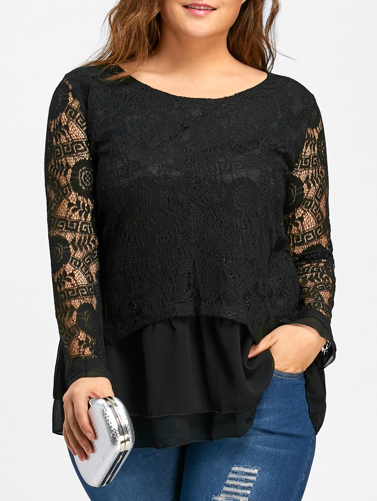 

Plus Size Layered Ruffle Lace Blouse, Black