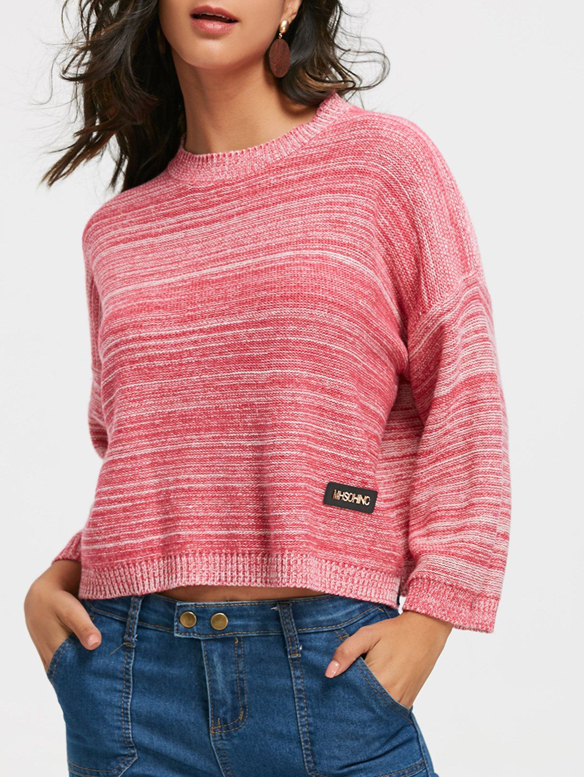 

Short Drop Shoulder Two Tones Sweater, Light red