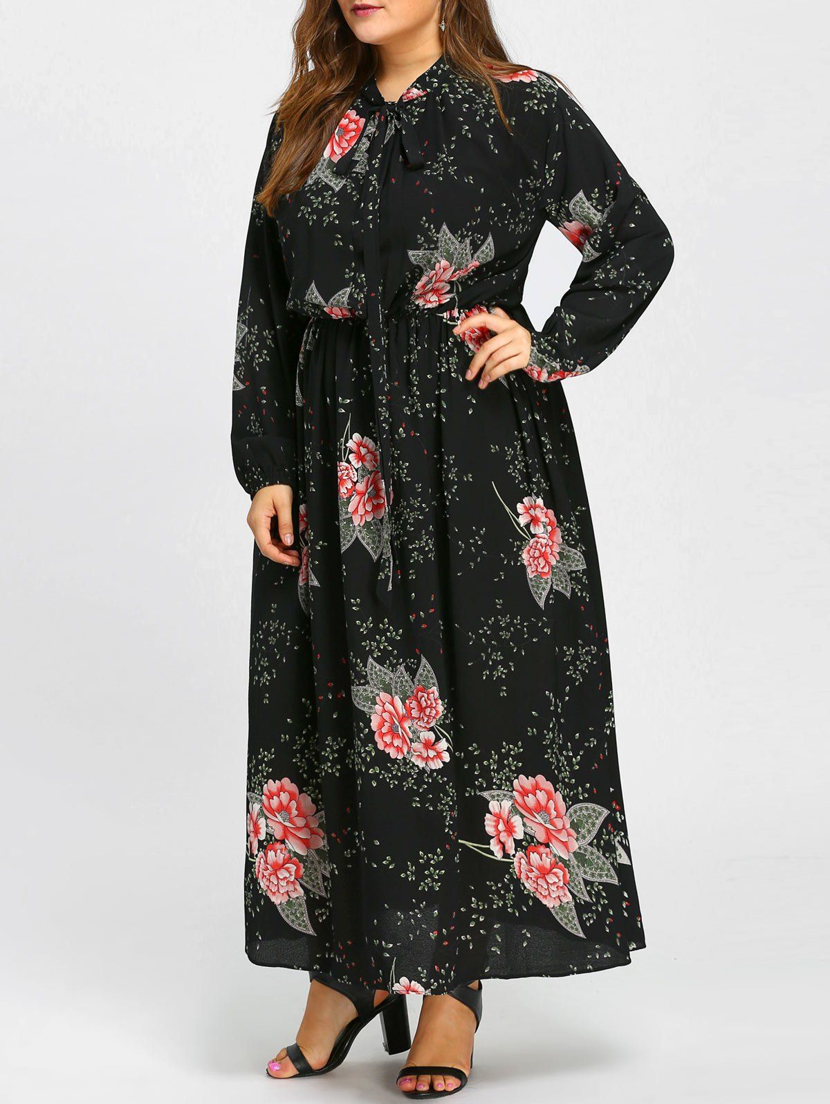 

Plus Size Floral Chiffon Maxi Flowy Dress, Black