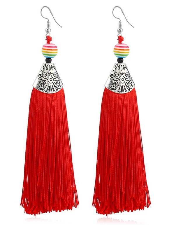 Boucles d'Oreilles Crochets Design Pompon et Perle Style Bohémien - Rouge 