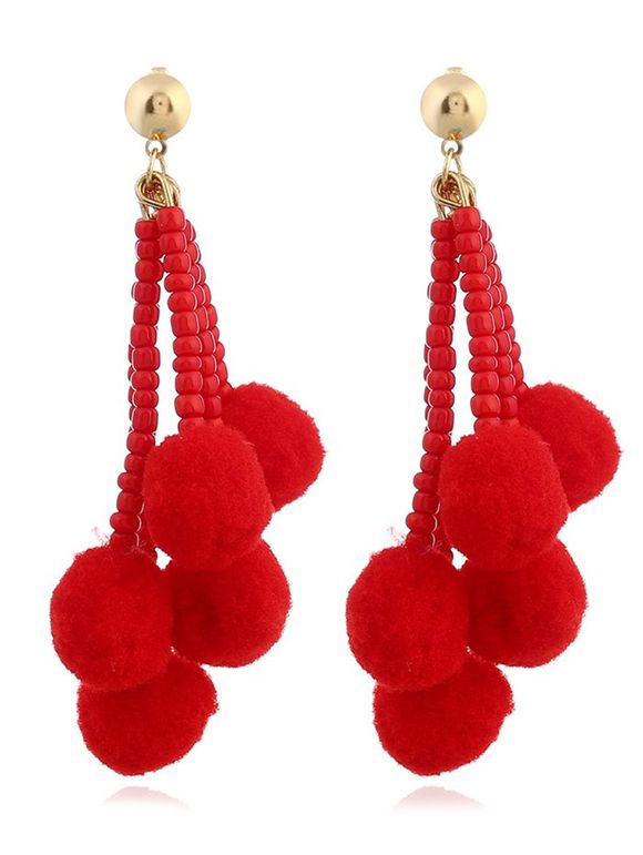 Boucles d'Oreilles Pendantes Motif Chaîne de Perles avec Pompons et Boules Pelucheuses Colorées - Rouge 