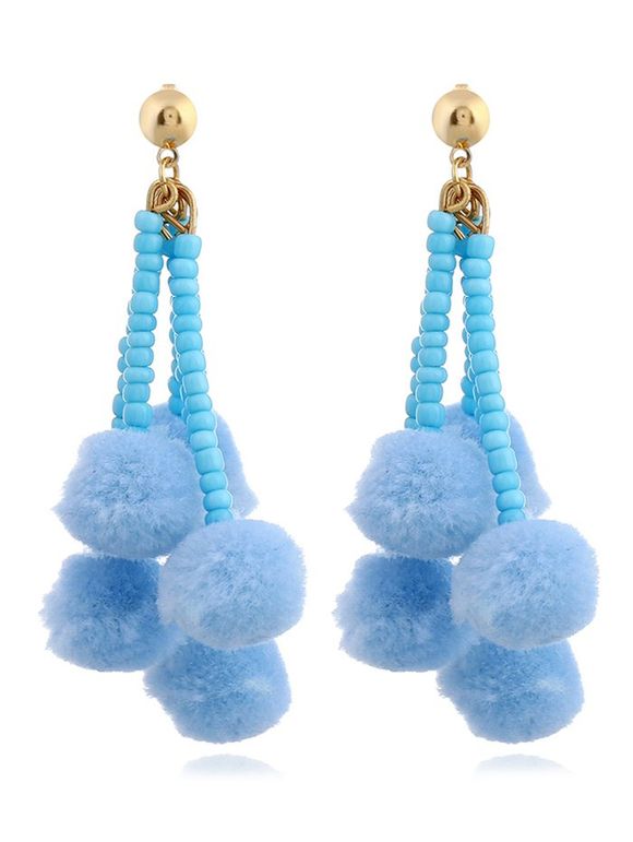 Boucles d'Oreilles Pendantes Motif Chaîne de Perles avec Pompons et Boules Pelucheuses Colorées - Bleu 