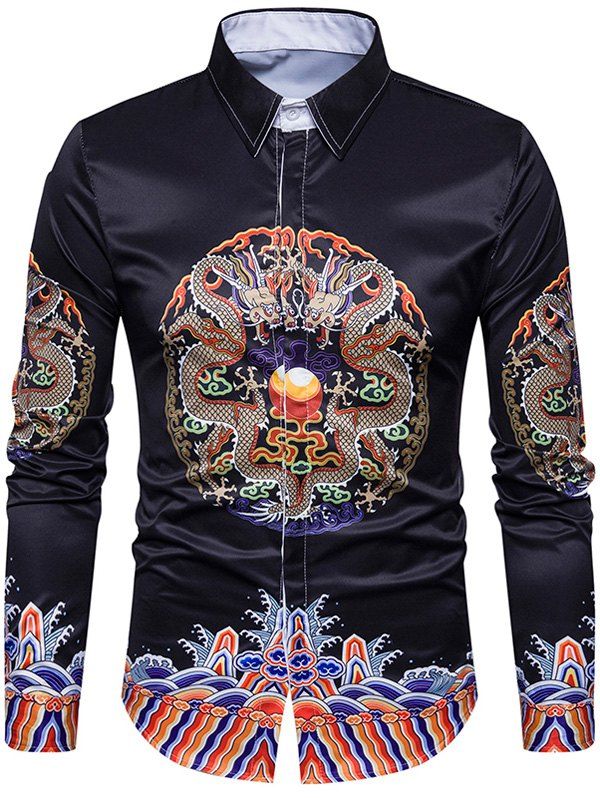 

Chinoiserie Symmetrical Dragon Print Shirt, Colormix