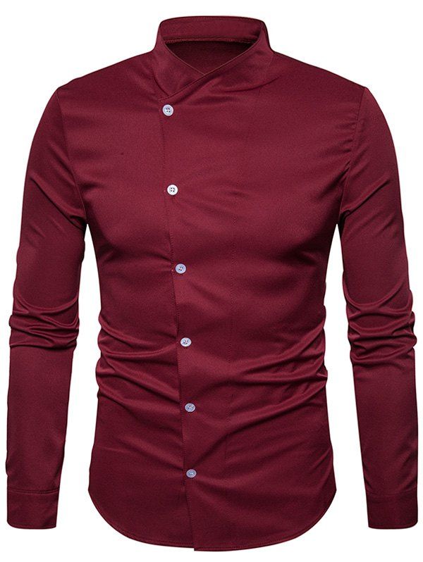 

Stand Collar Oblique Buttons Shirt, Wine red