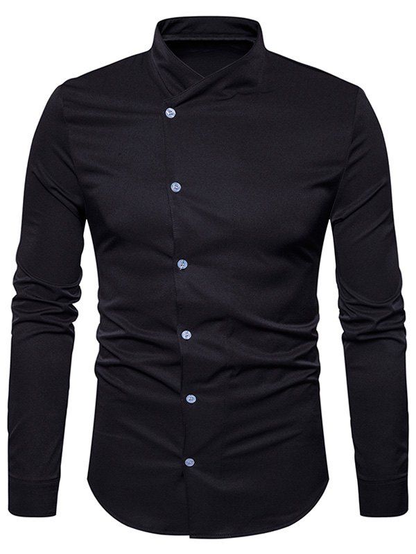 

Stand Collar Oblique Buttons Shirt, Black
