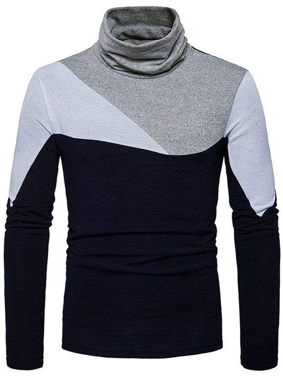 Cowl Neck Color Block Panel Sweater - Cadetblue M