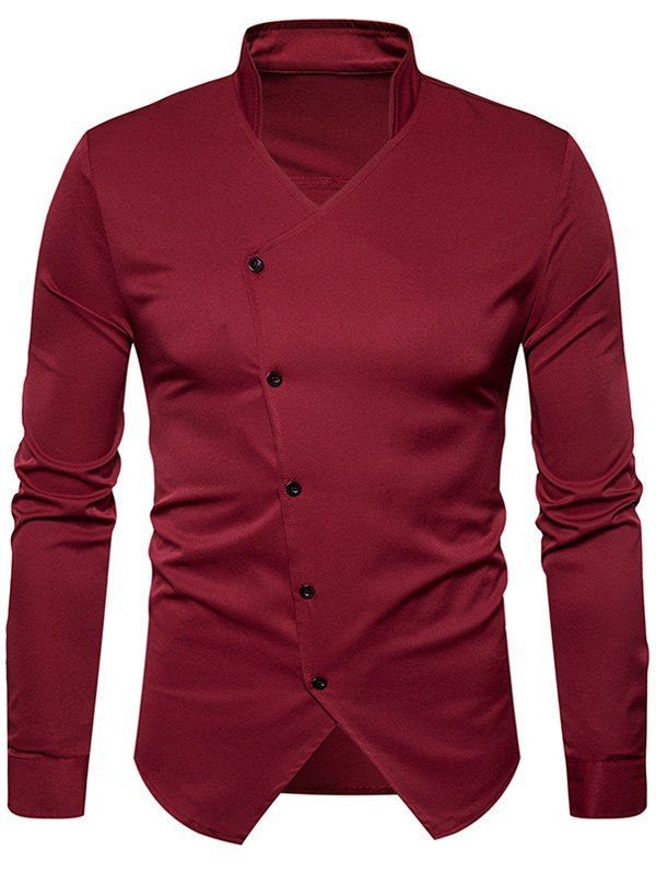 

Stand Collar Oblique Button Design Shirt, Wine red