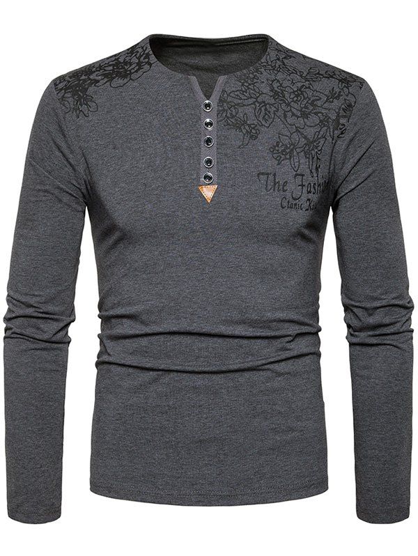 

Floral and Graphic Print Buttons Henley T-shirt, Deep gray