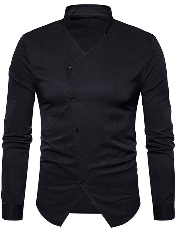 

Stand Collar Oblique Button Design Shirt, Black