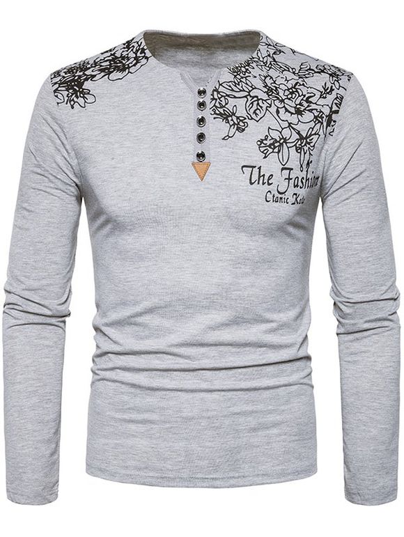 Boutons imprimés floraux et graphiques Henley T-shirt - Gris Clair S