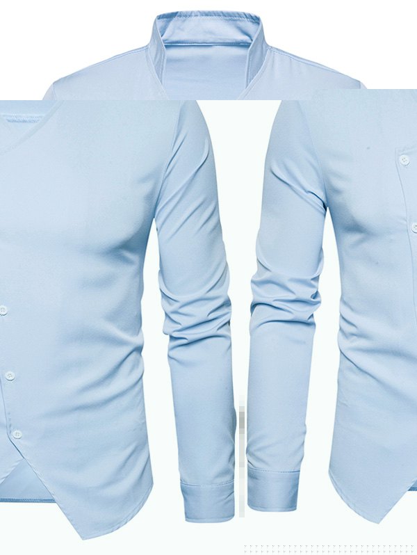 

Stand Collar Oblique Button Design Shirt, Light blue