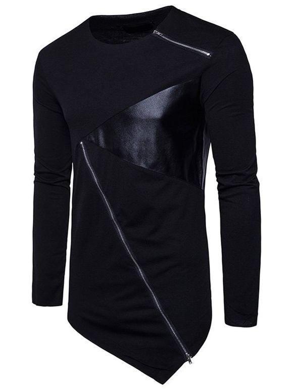 T-Shirt Asymétrique En Cuir Pu À Glissière - Noir 2XL