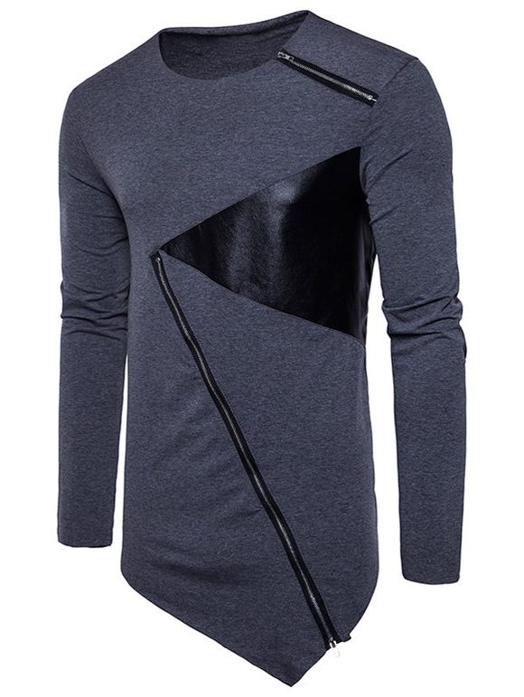 T-Shirt Asymétrique En Cuir Pu À Glissière - gris foncé XL
