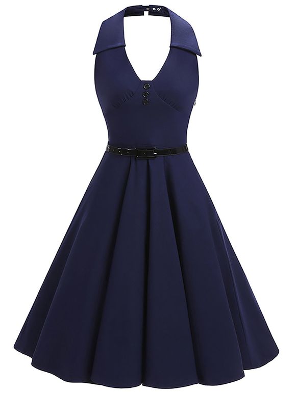 Vintage Halter Backless Pin Up Robe patineuse - Bleu Violet S