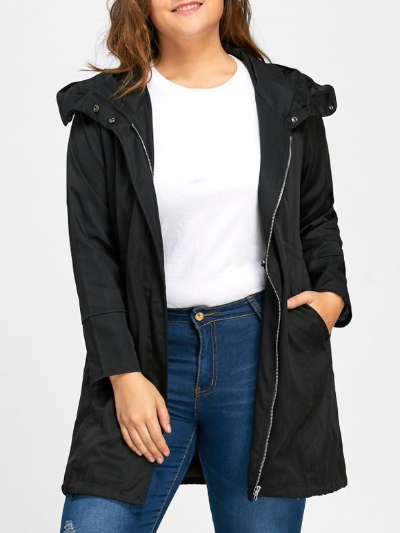 Manteau à Capuche Grande Taille Taille Élastique Long - Noir 4XL