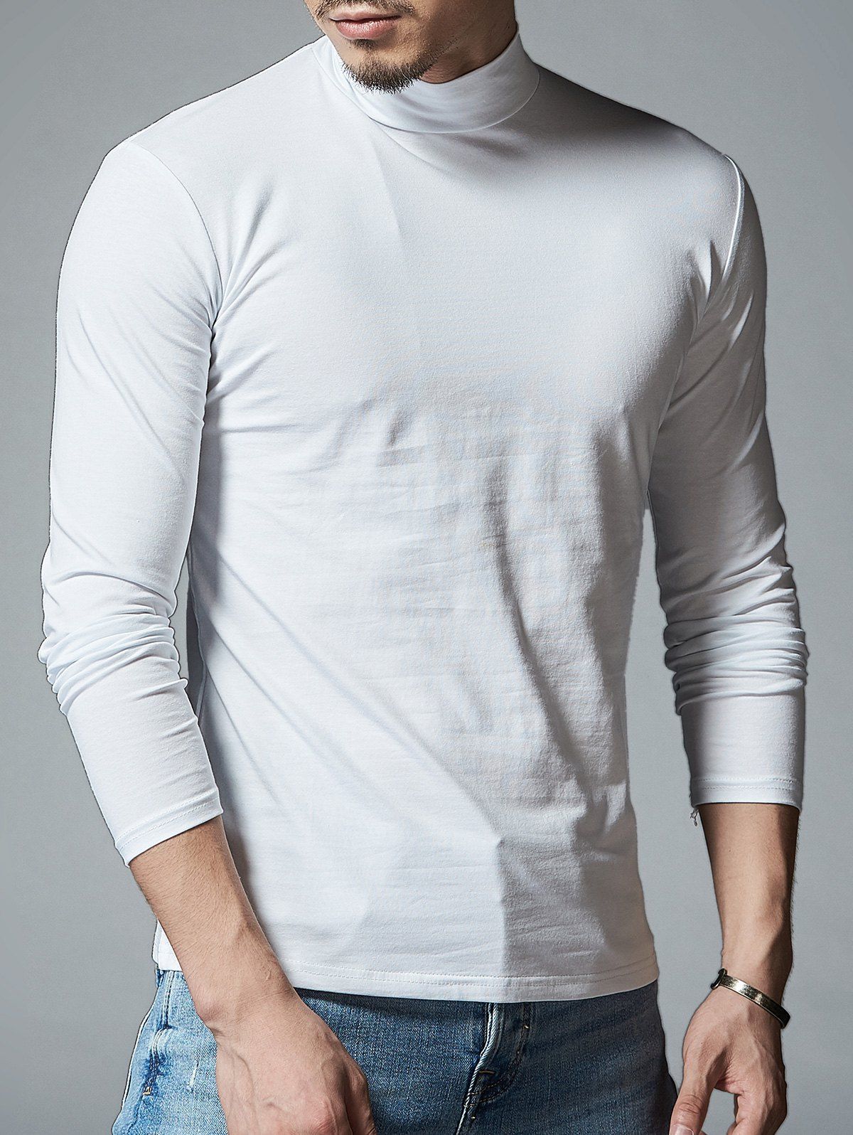 Download 41% OFF 2021 Stretch Mock Neck Long Sleeve T-shirt In WHITE | DressLily