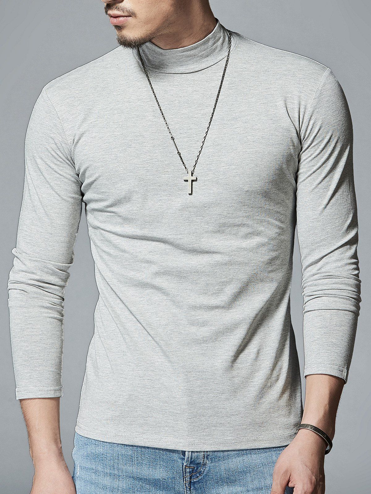 [41% OFF] 2021 Stretch Mock Neck Long Sleeve T-shirt In LIGHT GRAY ...