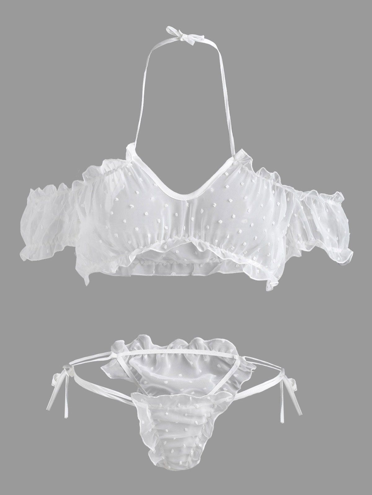 

Off Shoulder Sheer Frill Trim Bralette Set, White