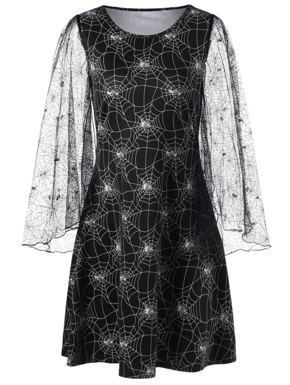 Halloween Lace Sleeve Spider Web Print Dress - BLACK L