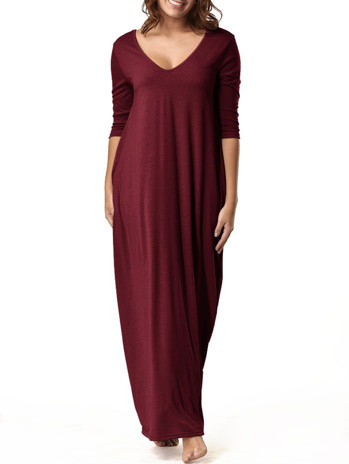 

V Neck Floor Length Baggy Dress, Wine red