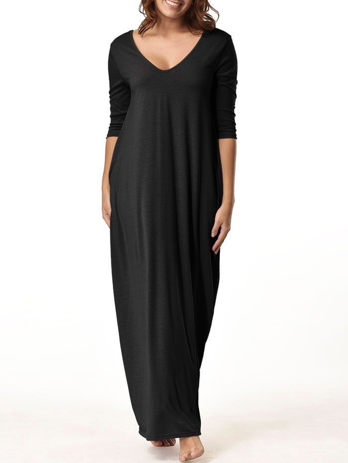 

V Neck Floor Length Baggy Dress, Black