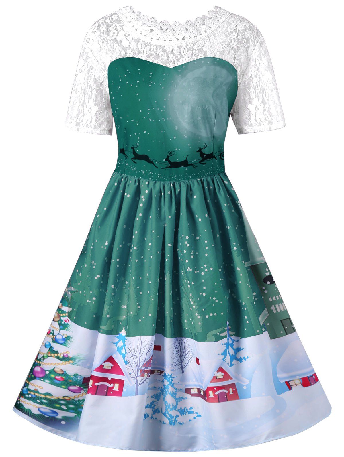 Christmas Lace Yoke Swing Dress - GREEN M