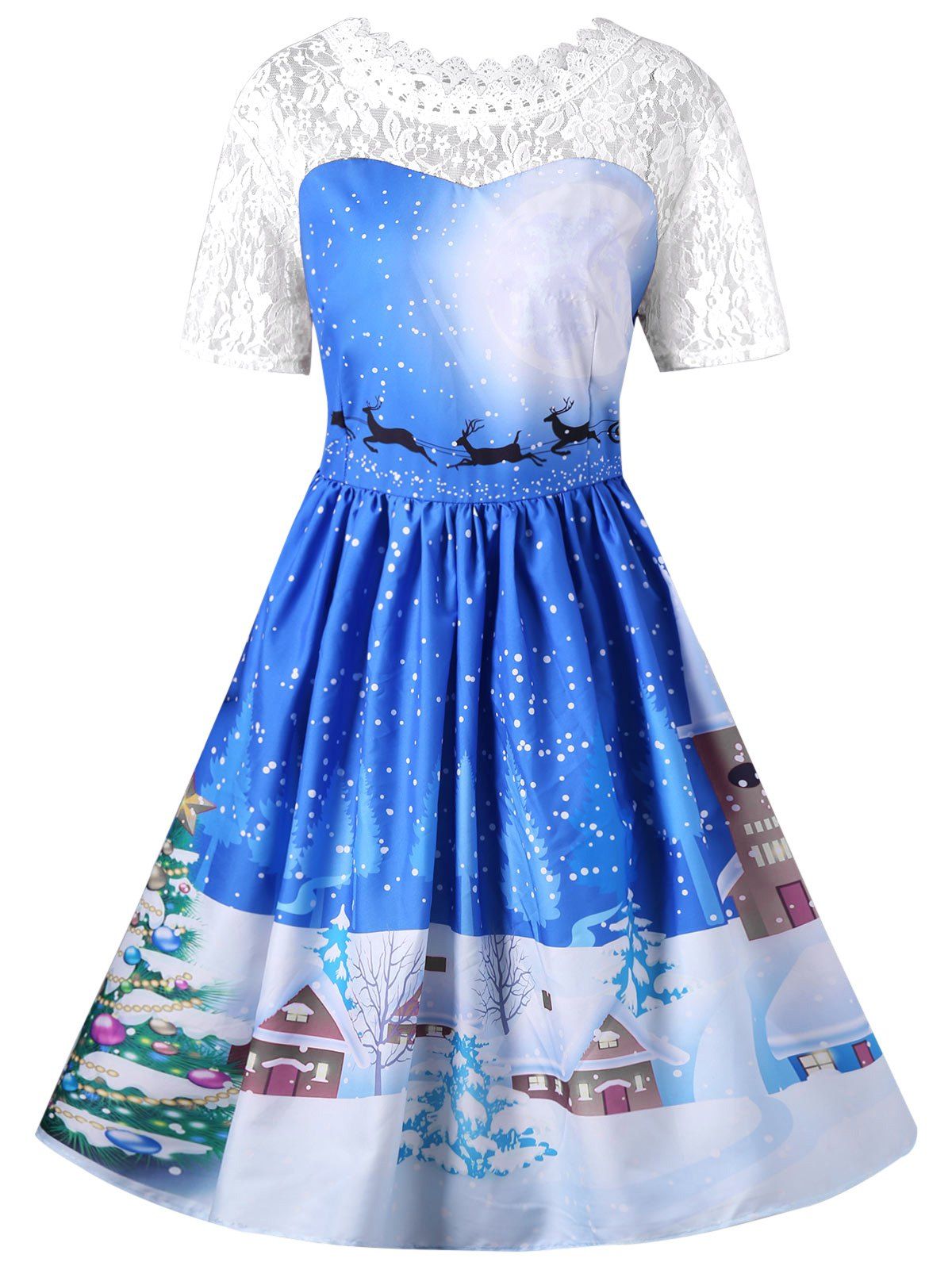 Christmas Lace Yoke Swing Dress - BLUE M