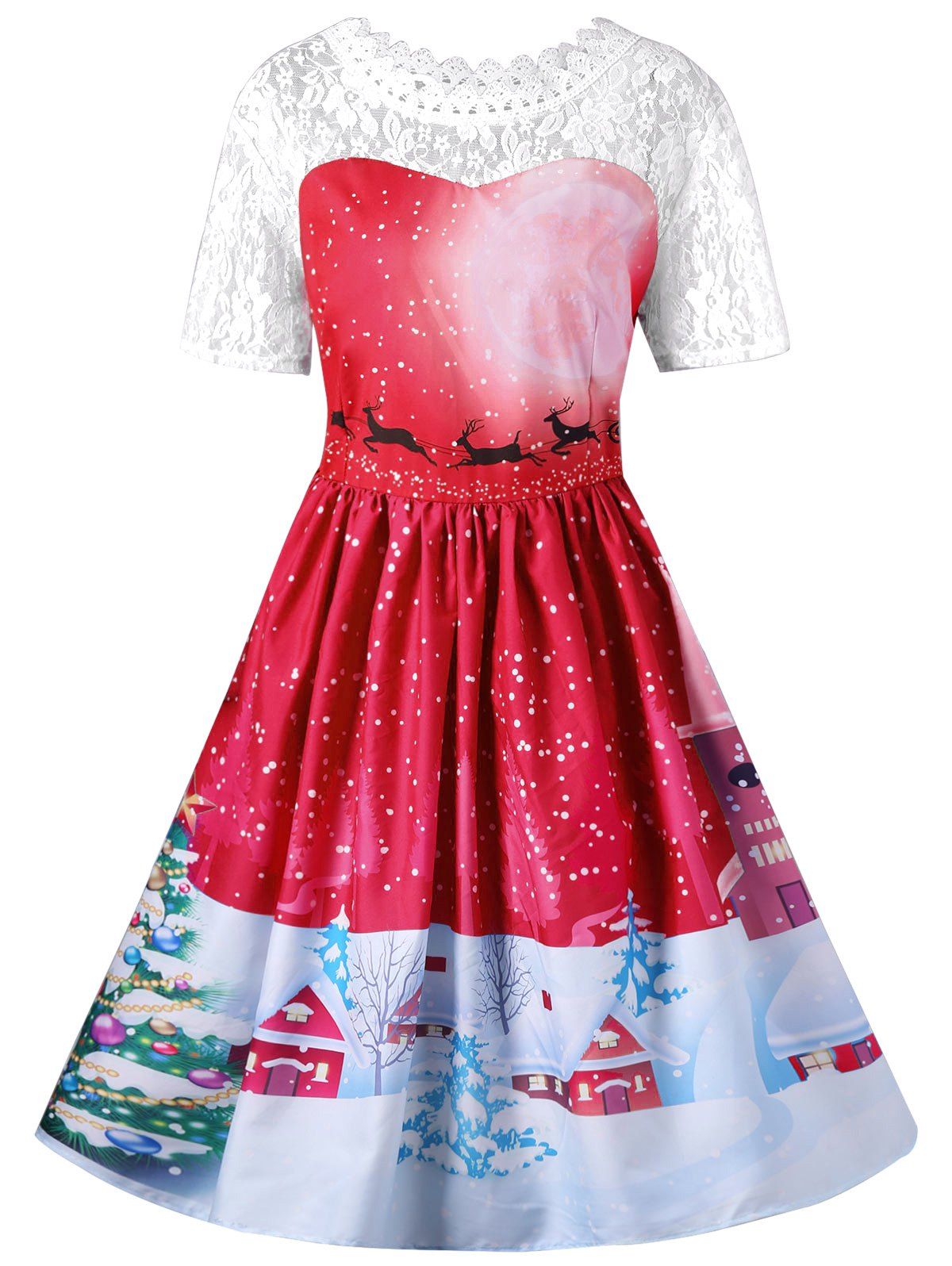 Christmas Lace Yoke Swing Dress - RED XL
