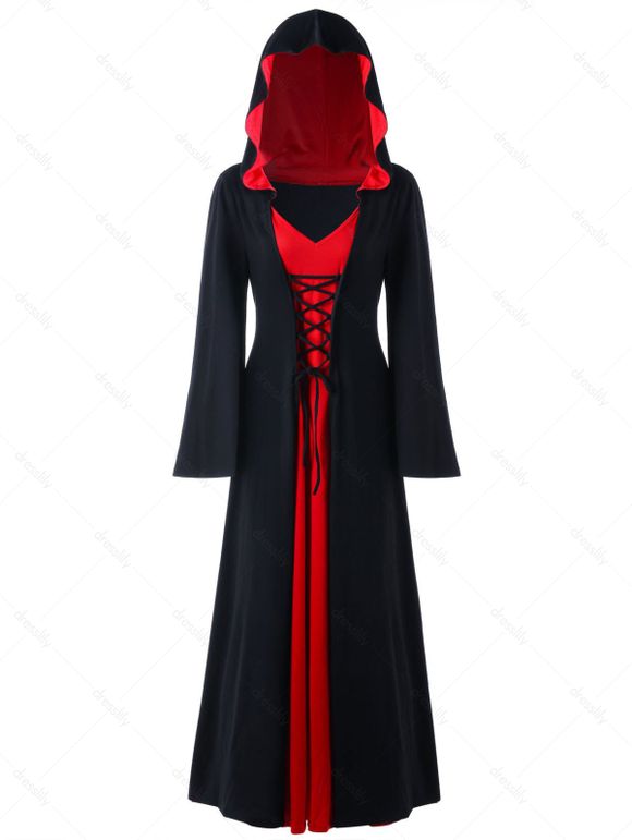 Halloween Robe Maxi Grande Taille à Capuche à Lacets - Rouge et Noir XL