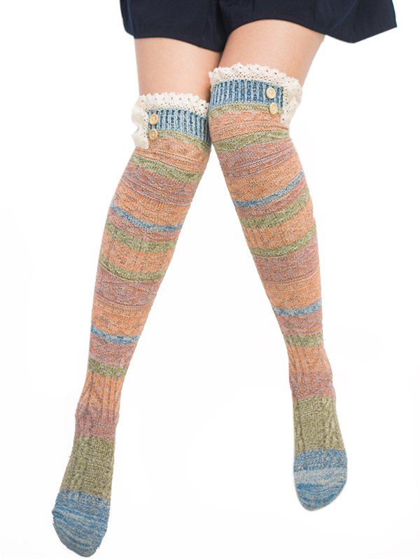 

Pair of Button Embellished Striped Knee Highs Socks, Lake blue