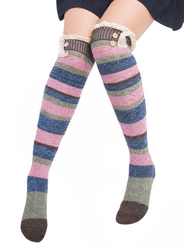 

Pair of Button Embellished Striped Knee Highs Socks, Coffee