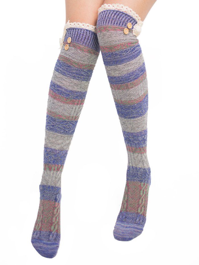 

Pair of Button Embellished Striped Knee Highs Socks, Violet blue