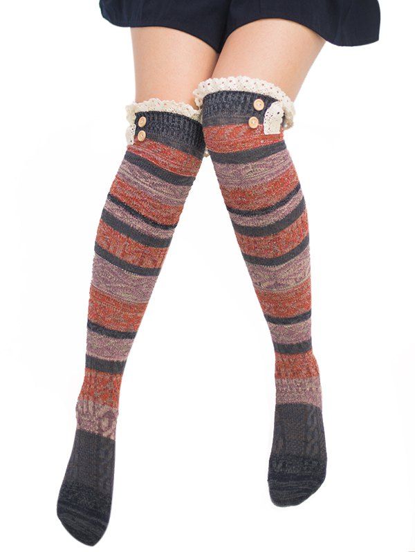 

Pair of Button Embellished Striped Knee Highs Socks, Deep gray