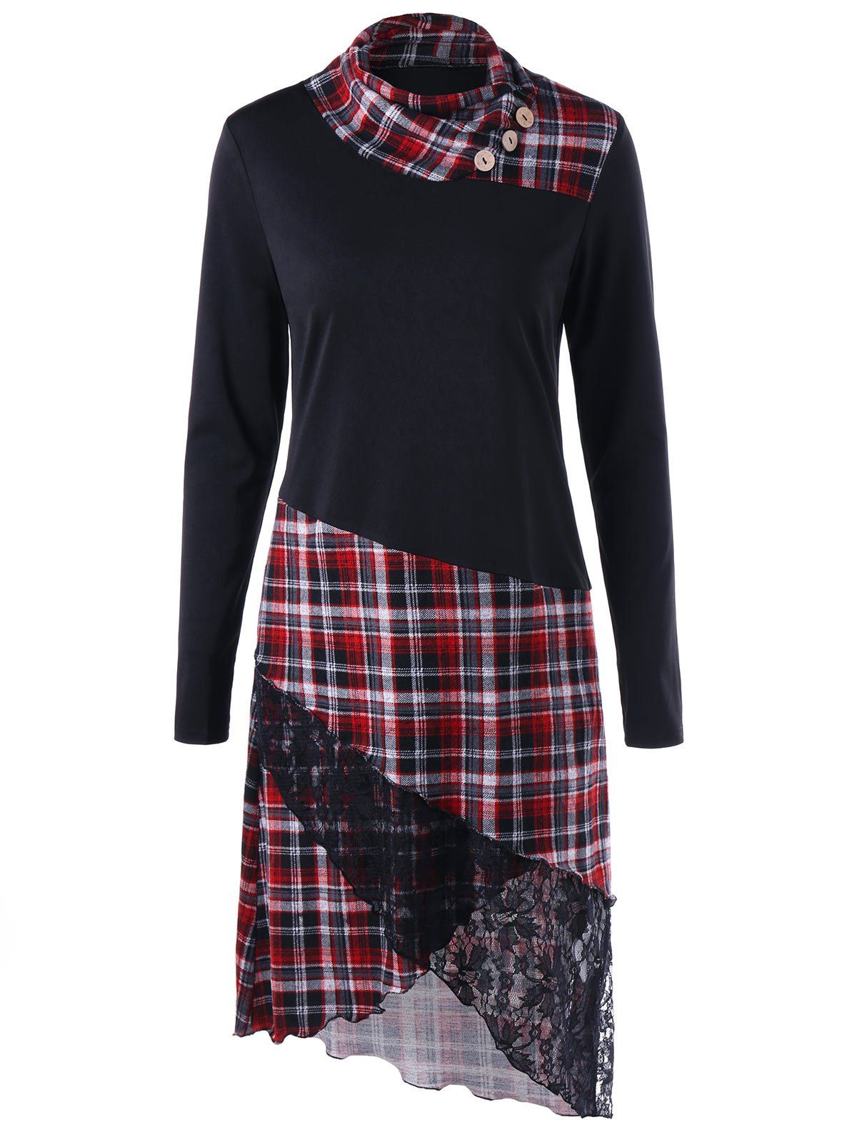

Plaid Lace Trim Overlap Tee Dress, Black