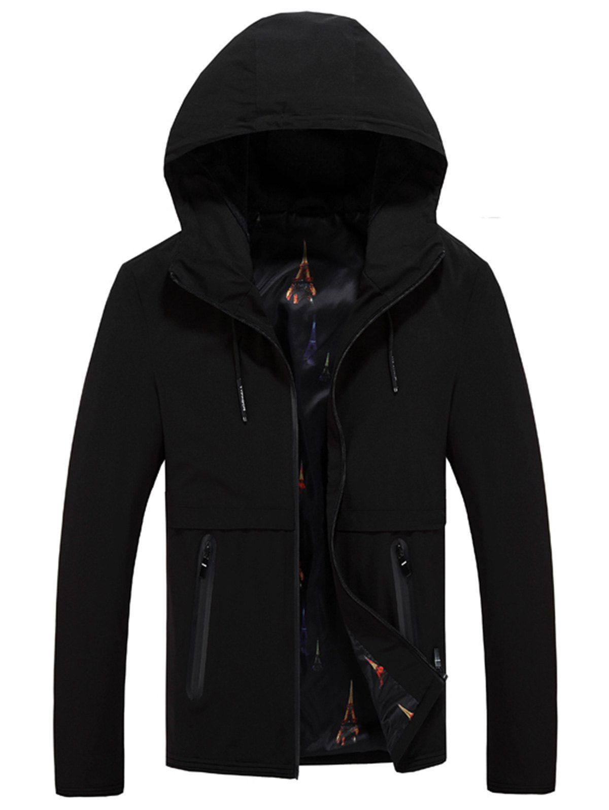 

Zipper Pocket Zip Up Hooded Jacket, Black