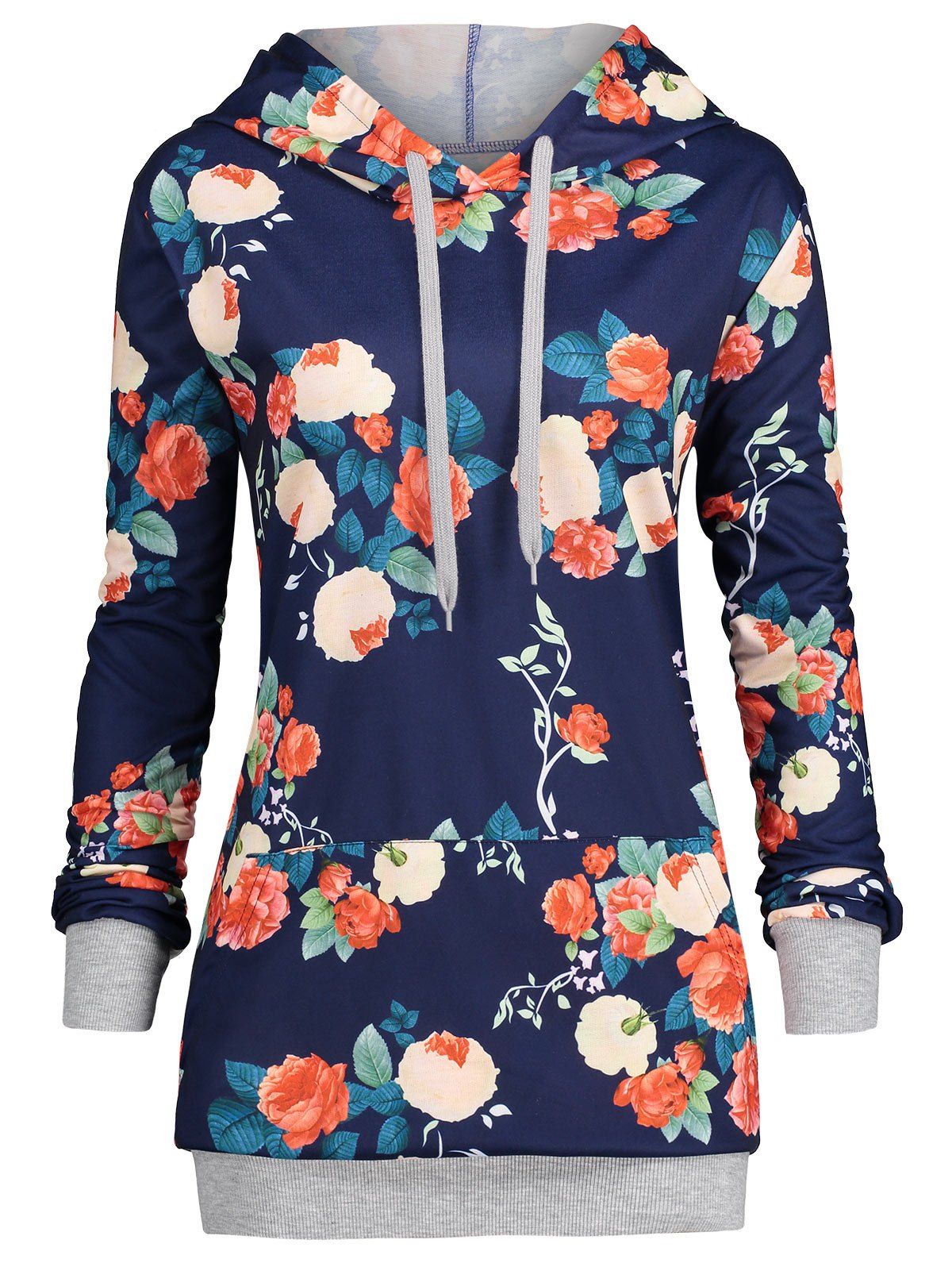 

Floral Print Plus Size Kangaroo Pocket Hoodie, Blue