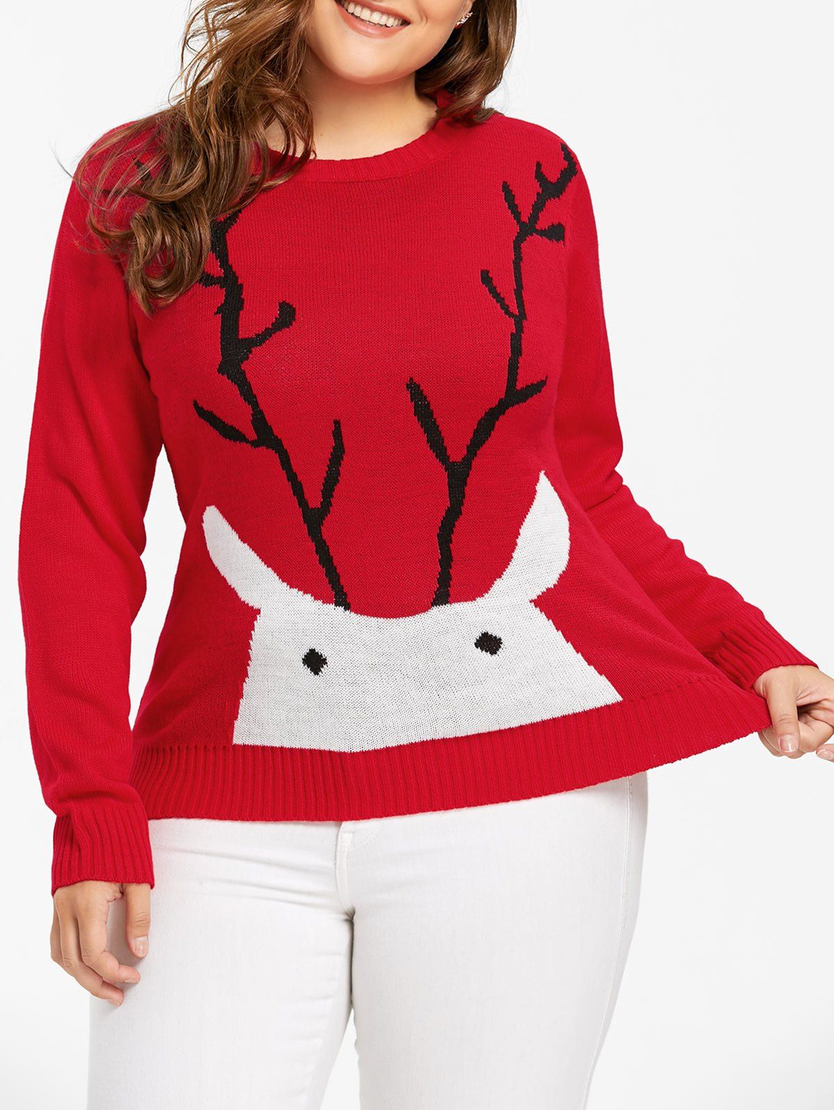 

Christmas Elk Print Plus Size Sweater, Red