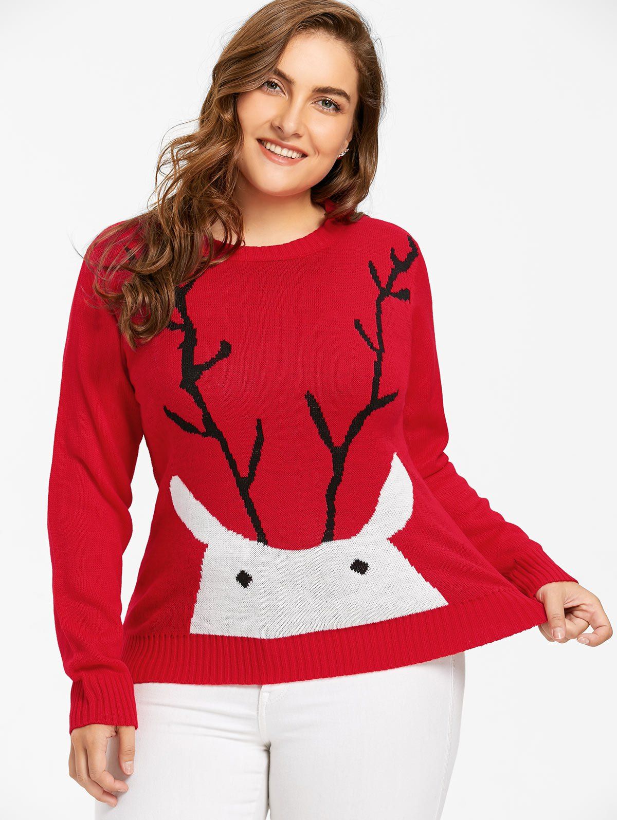 2018 Christmas Elk Print Plus Size Sweater RED XL In Plus Size Sweaters ...