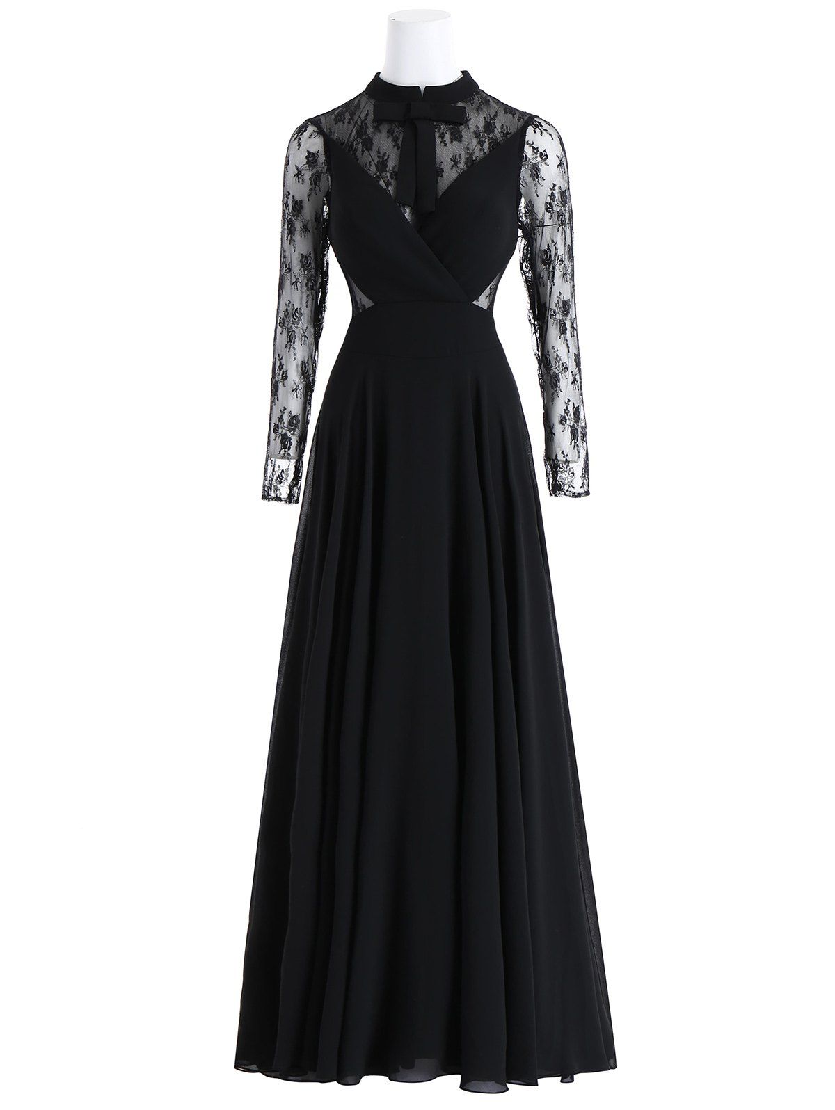 

Bowknot Lace Panel Maxi Evening Dress, Black