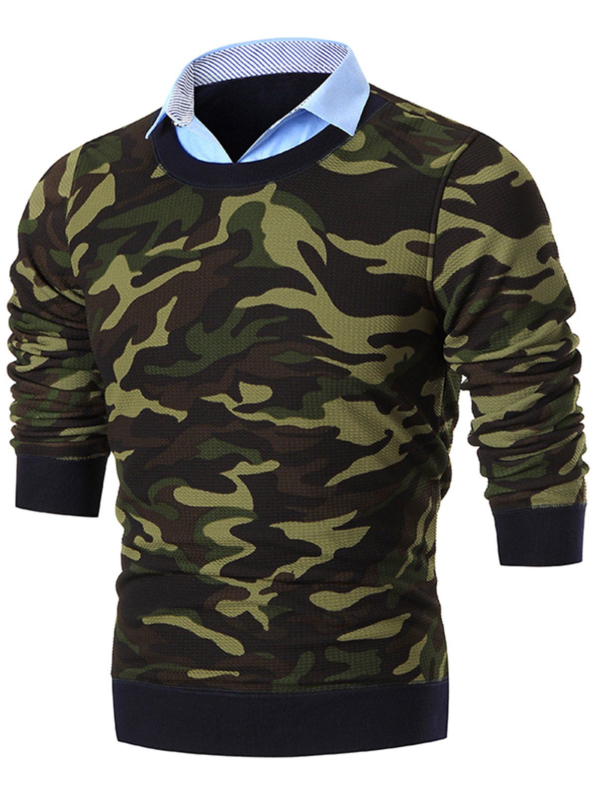 

Shirt Neck Camouflage Print Pullover Sweater, Green