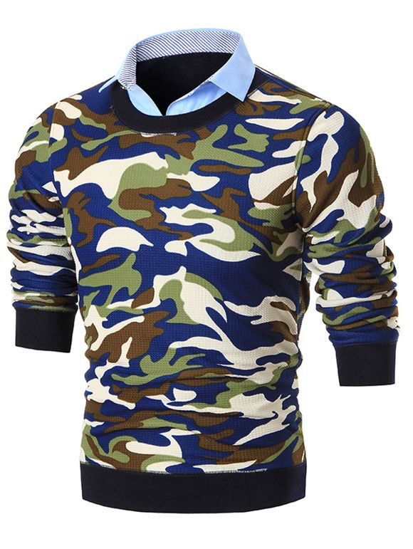 Pull Imprimé Camouflage à Col Chemise - Bleu 3XL