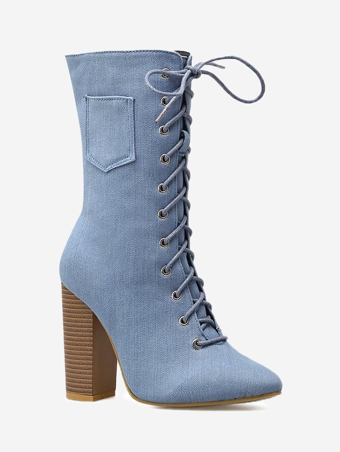 

High Heel Denim Mid Calf Boots, Light blue